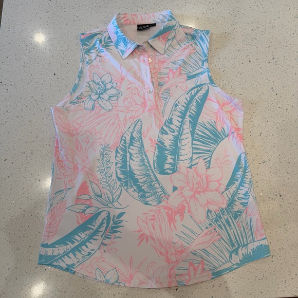 Sunday Swagger Tops - Sunday Swagger Tropical Golf Polo Sleeveless Tank Blue Pink White Size Large